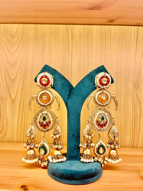 Red Green Kundan Pearl Jhumka Earrings