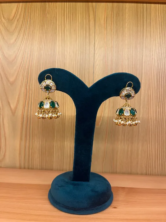 Green Stone Gold Jhumka Earrings with Pearls