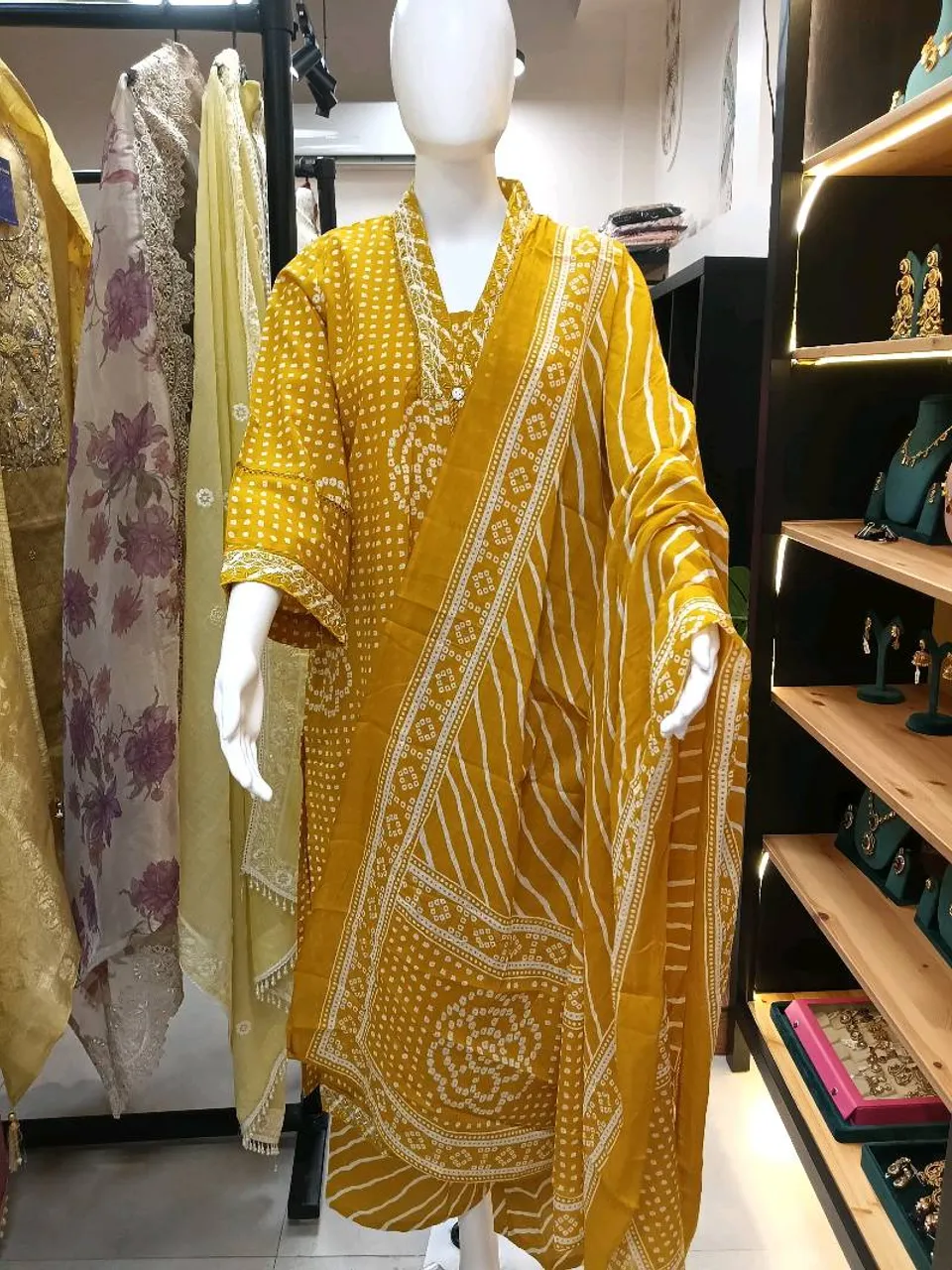 Mustard Yellow Cotton Printed Straight Suit (R341)