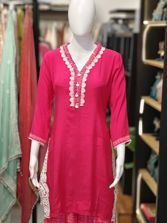 Pink Lace Work Kurta Set (R280)