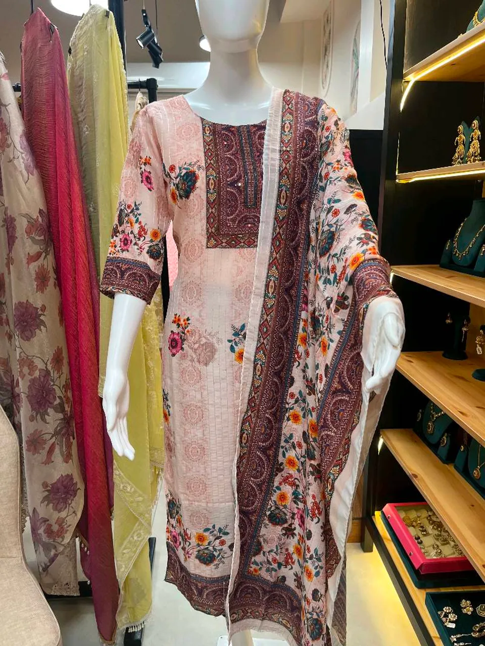 Light Pink Printed Mirror Work Straight Suit (R217)