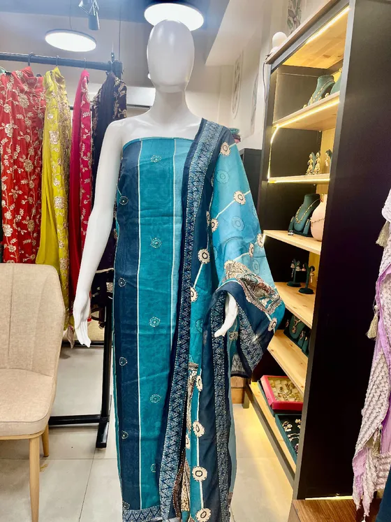 Blue and Teal Printed Embroidered Unstitched Dress Material (D458)