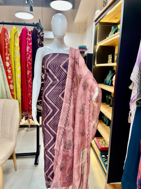 Dark Purple Printed Unstitched Dress Material (D453)