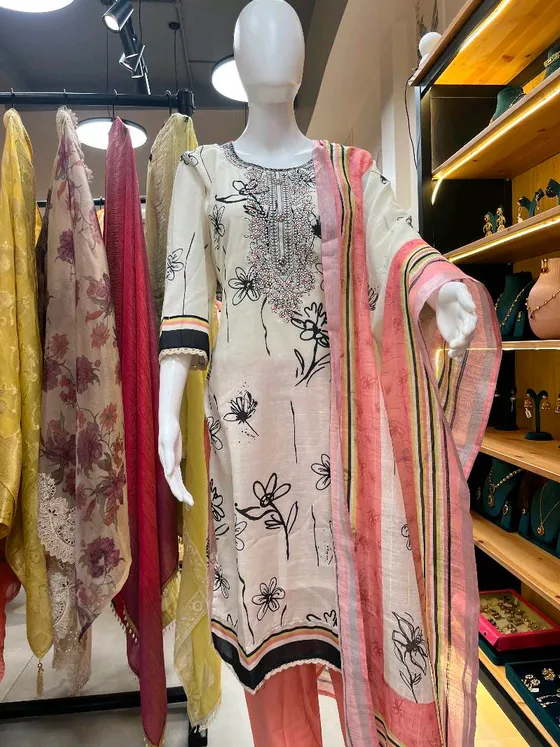 Off-white and Peach Printed Embroidered Palazzo Suit (R0002)