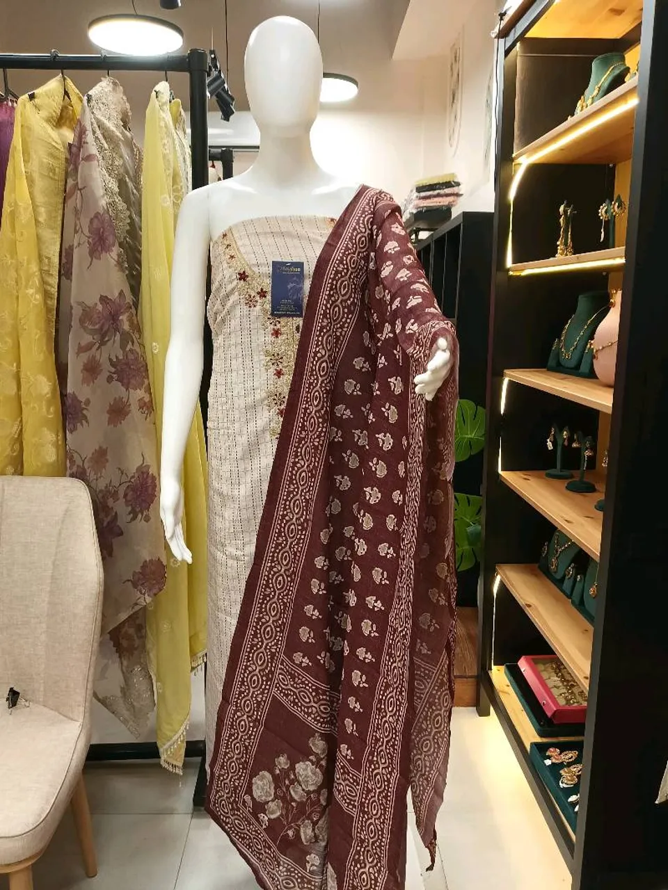 Off-White and Maroon Cotton Embroidered and Printed Dress Material (D0351)