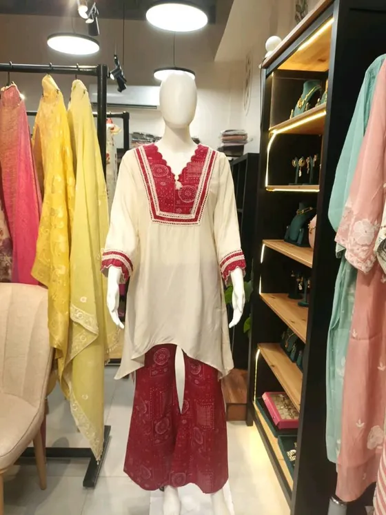 Cream and Red Printed Kurta Set (R315)