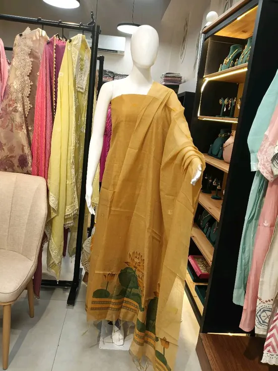 Mustard Yellow Printed Unstitched Dress Material (D0345)