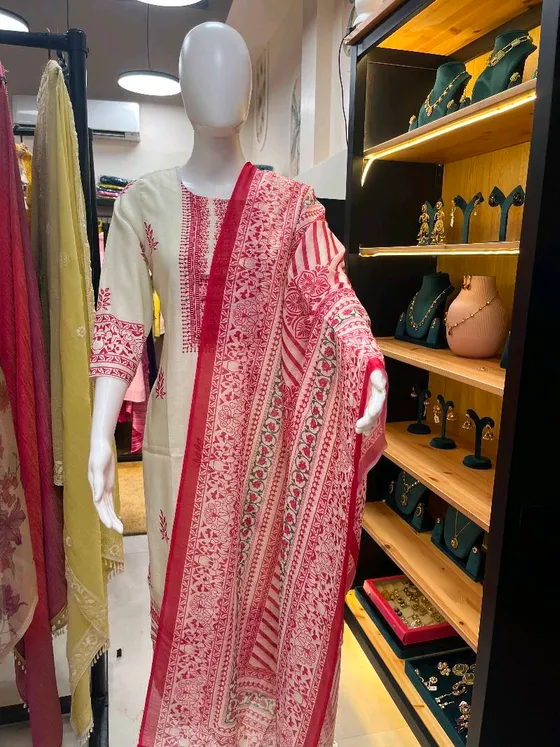 Off-White and Red Printed Straight Suit (R121)