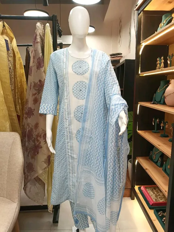 Light Blue Printed Cotton Palazzo Suit (R339)