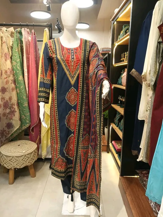 Navy Blue Cotton Printed Straight Suit (R268)