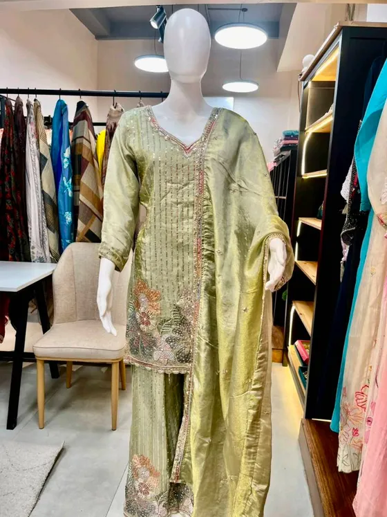 Olive Green Silk Embroidered Palazzo Suit (R344)
