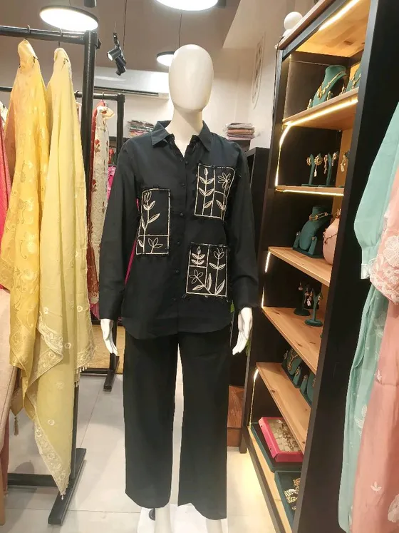 Black Cotton Embroidered Pant Set (R308)