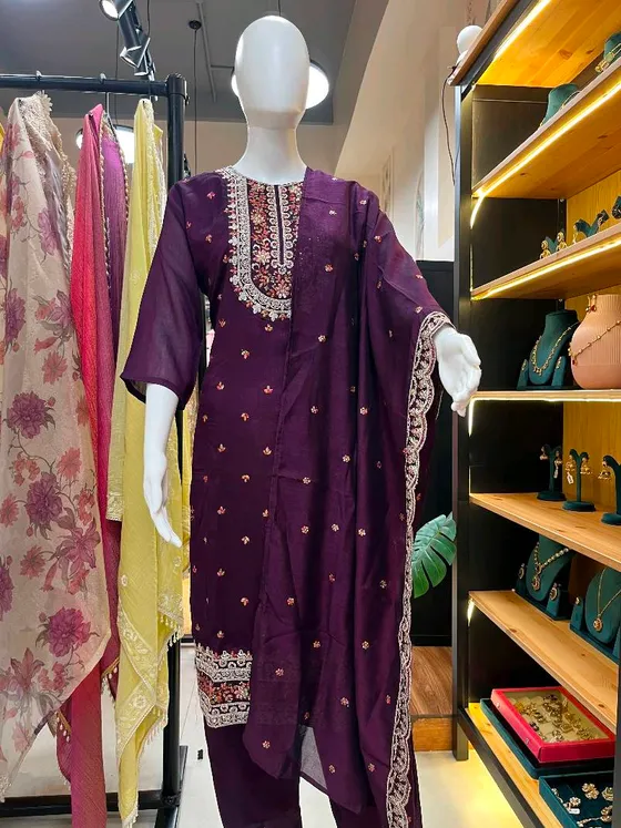 Purple Chiffon Embroidered Straight Suit (RM)