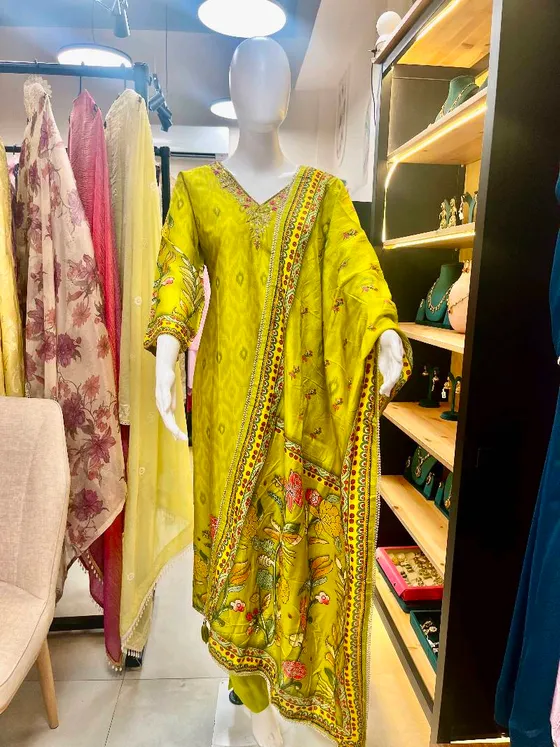 Lime Green Embroidered and Printed Straight Suit (R0194)