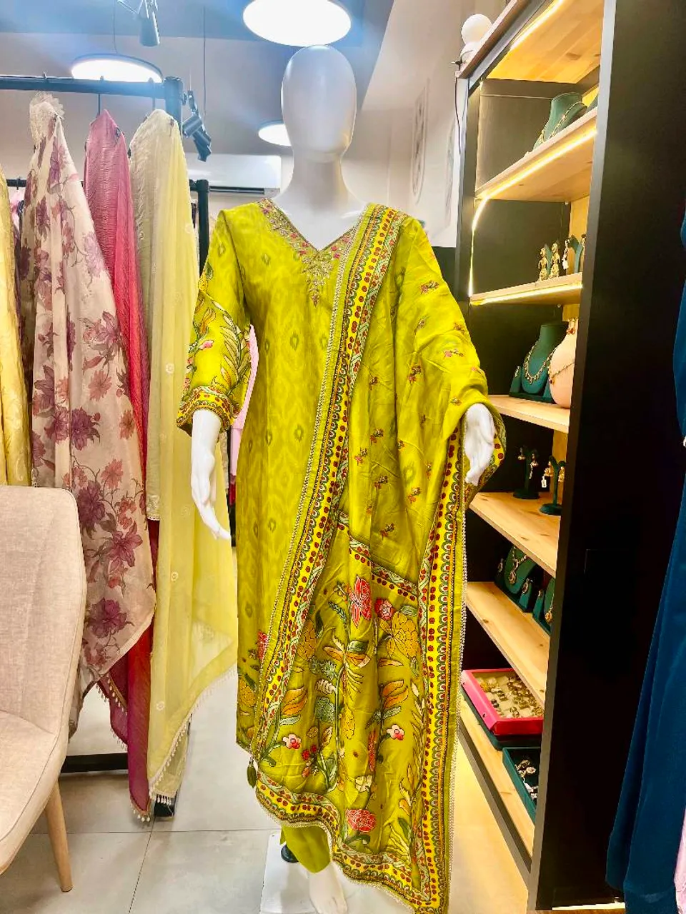 Lime Green Embroidered and Printed Straight Suit (R0194)