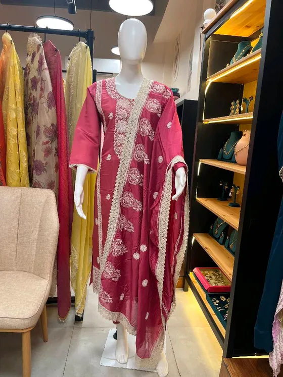 Maroon Silk Embroidered Straight Suit (R116)
