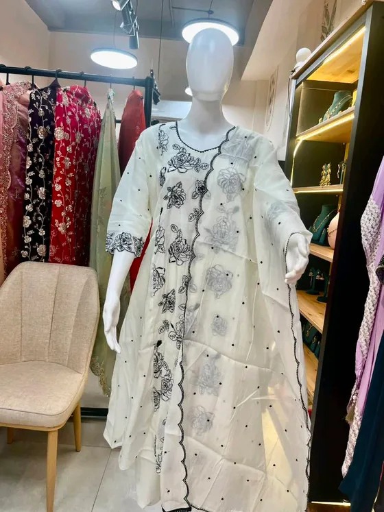 White Organza Embroidered Palazzo Suit (R357)