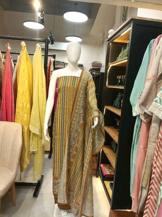 Mustard Brown Printed Dress Material (D0261)