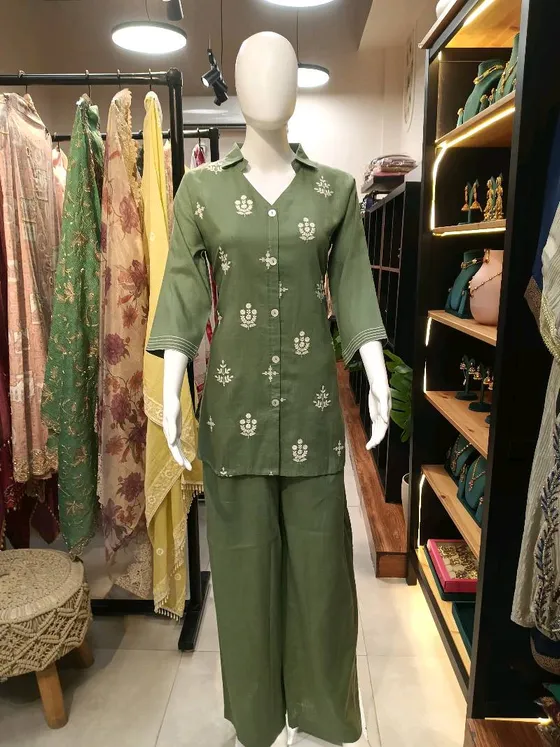 Olive Green Embroidered Palazzo Suit (R171)