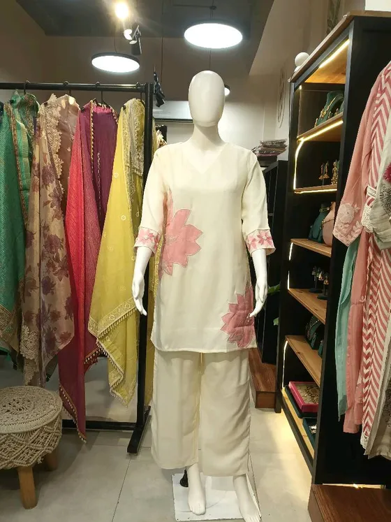 Cream Embroidered Palazzo Suit (R306)
