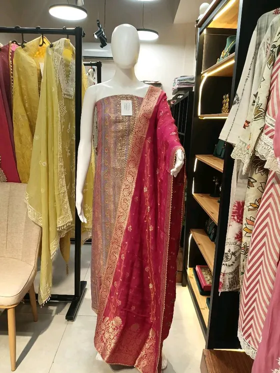 Gold Mauve Fuchsia Pink Silk Zari Woven Dress Material (D0055)