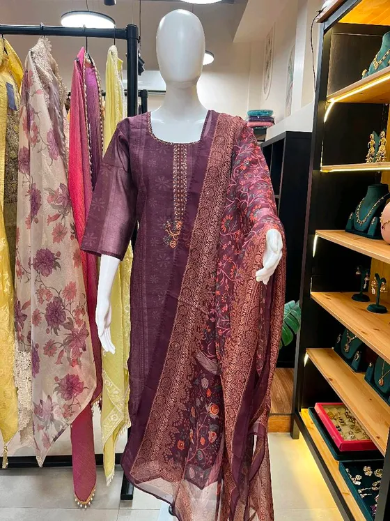Maroon Embroidered and Printed Straight Suit (R0022)
