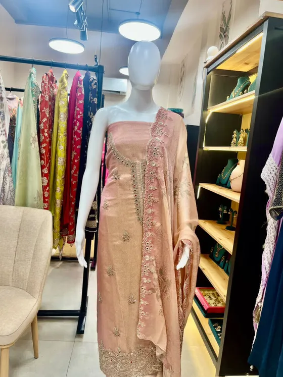 Peach Embroidered Unstitched Dress Material (D480)
