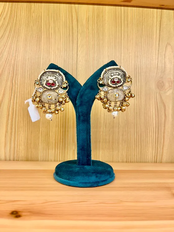 Antique Gold Stone Pearl Drop Earrings