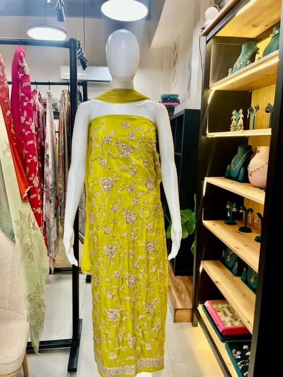 Yellow Embroidered Dress Material (D457)