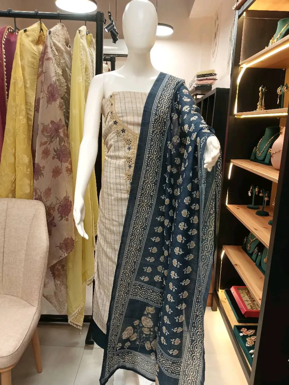 Beige and Blue Embroidered Printed Unstitched Dress Material (D0351)