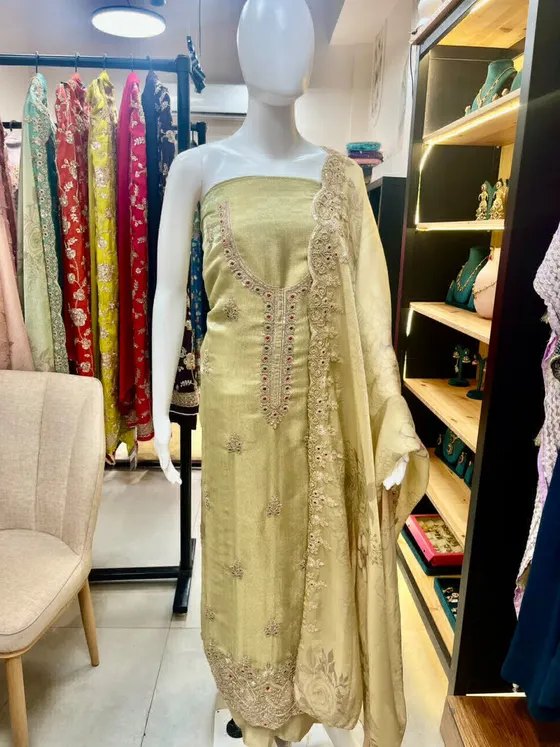 Light Golden Green Embroidered Unstitched Dress Material (D480)