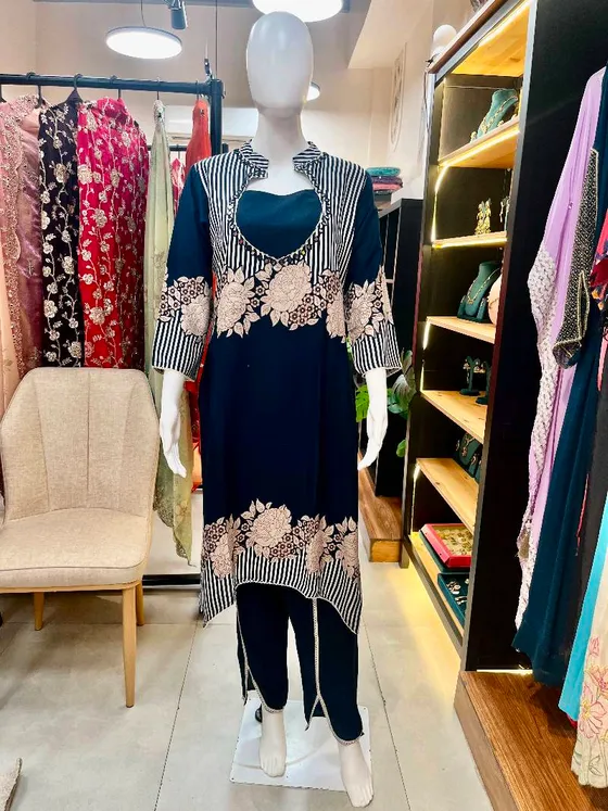 Navy Blue Printed Kurta Set (R348)