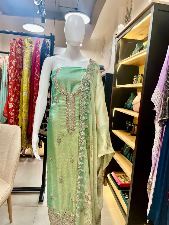 Light Green Embroidered Dress Material (D480)