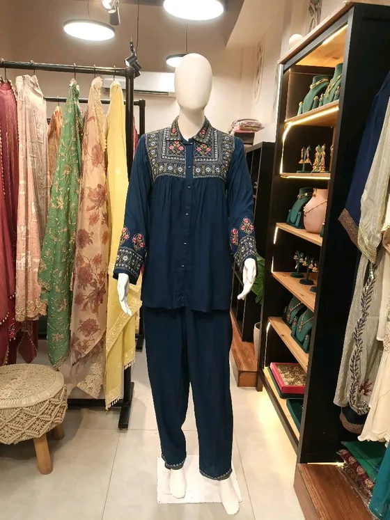 Teal Blue Embroidered Kurta Set (R176)
