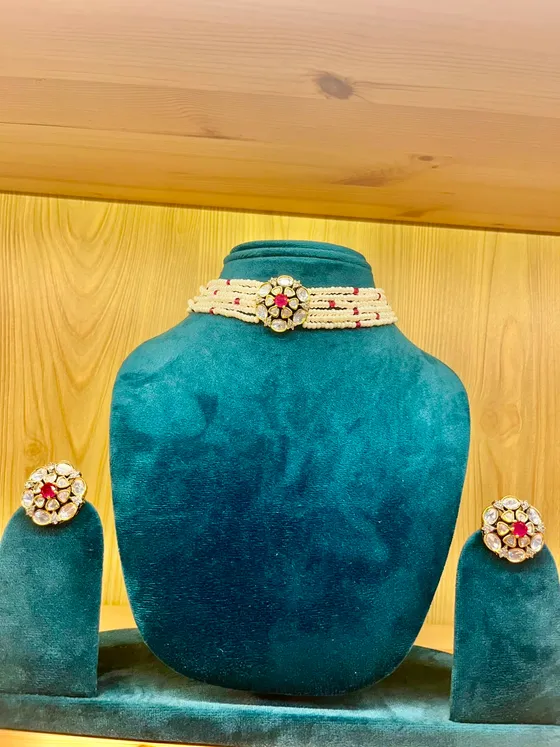 Red Stone Pearl Polki Choker Necklace Set