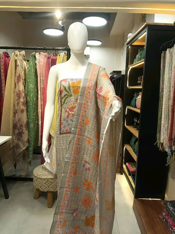 Grey and Yellow Printed Embroidered Dress Material (D422)