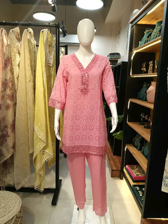 Pink Cotton Embroidered Mirror Work Kurta Set (R289)