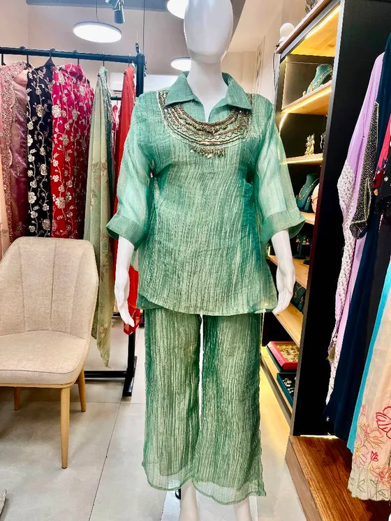Sea Green Organza Beaded Palazzo Suit (R362)