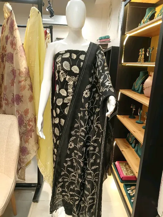 Black Embroidered Unstitched Dress Material (D0296)