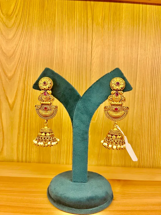 Antique Gold Red Stone Jhumka Earrings