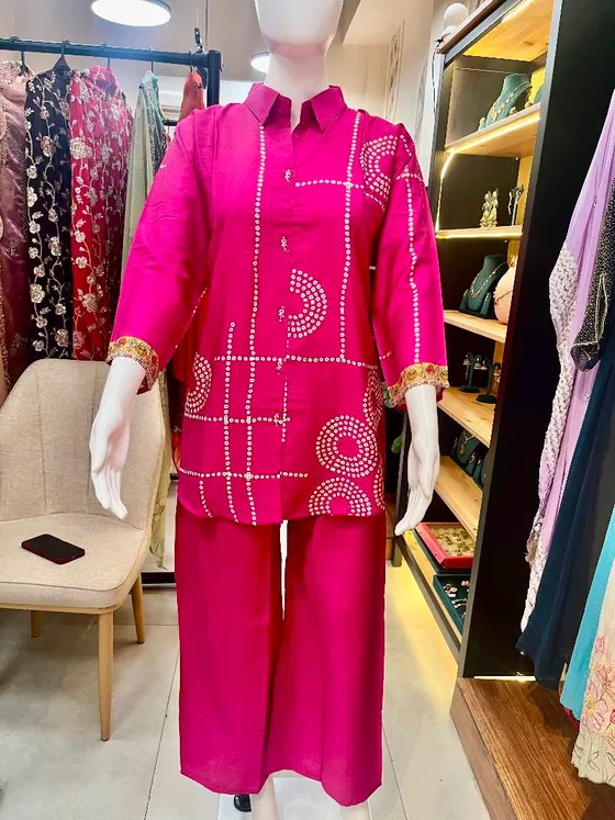 Fuchsia Silk Printed Palazzo Suit (R353)