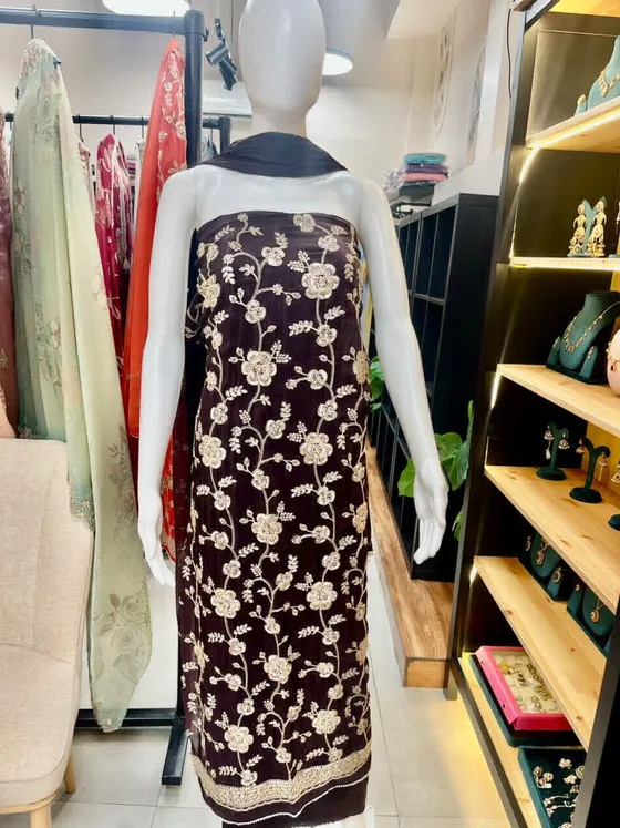 Dark Brown Embroidered Unstitched Dress Material (D457)