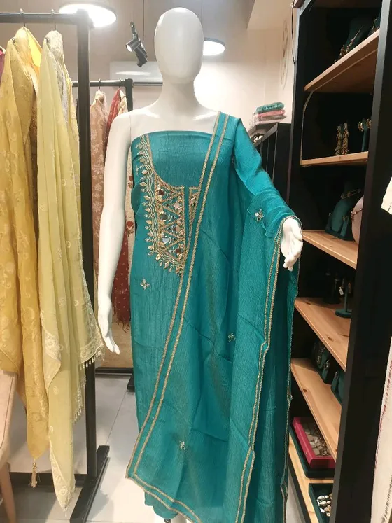 Teal Mirror Work Embroidered Unstitched Dress Material (D366)