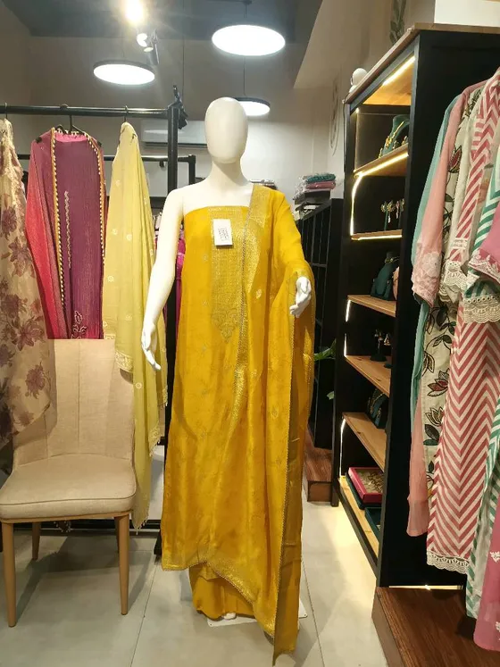 Yellow Silk Zari Work Unstitched Dress Material (D0337)