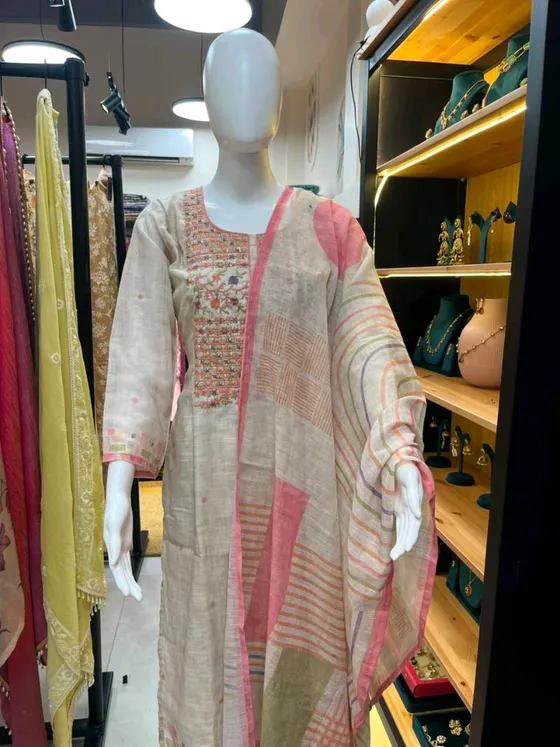 Beige Embroidered Straight Suit (R0114)