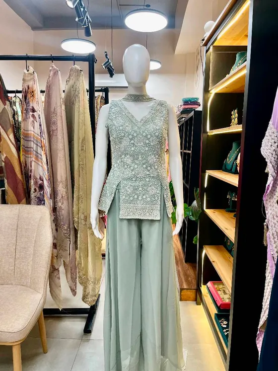 Mint Green Georgette Embroidered Palazzo Suit (R342)