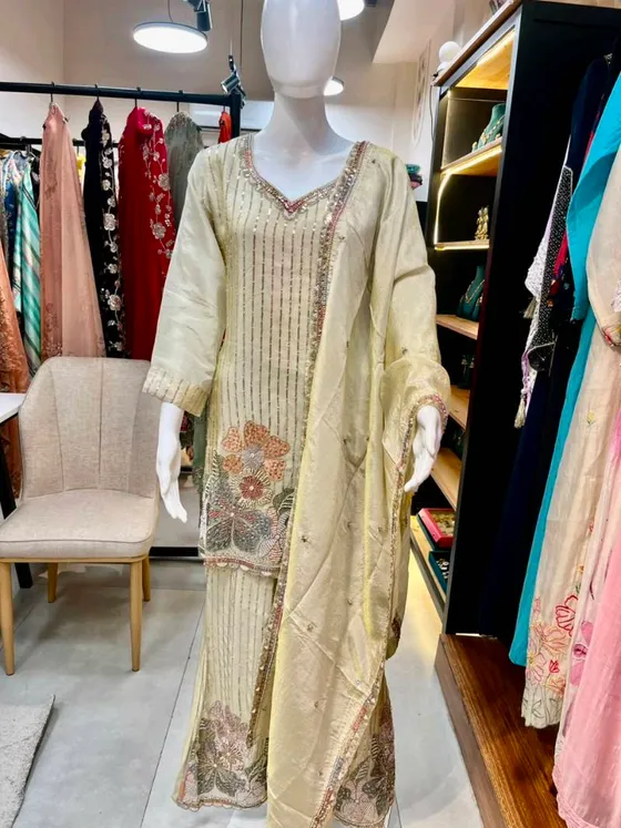 Cream Embroidered Sequined Palazzo Suit (R346)