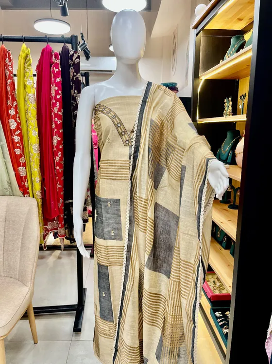 Beige Cotton Printed Dress Material (D474)