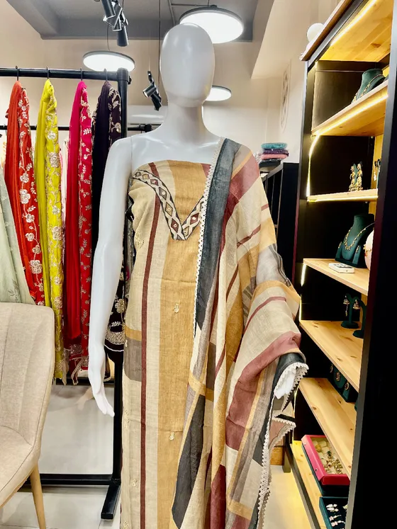 Beige Brown Striped Embroidered Unstitched Dress Material (D474)