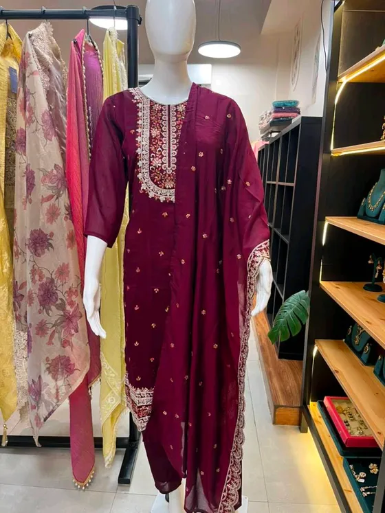 Maroon Embroidered Straight Suit (RM)